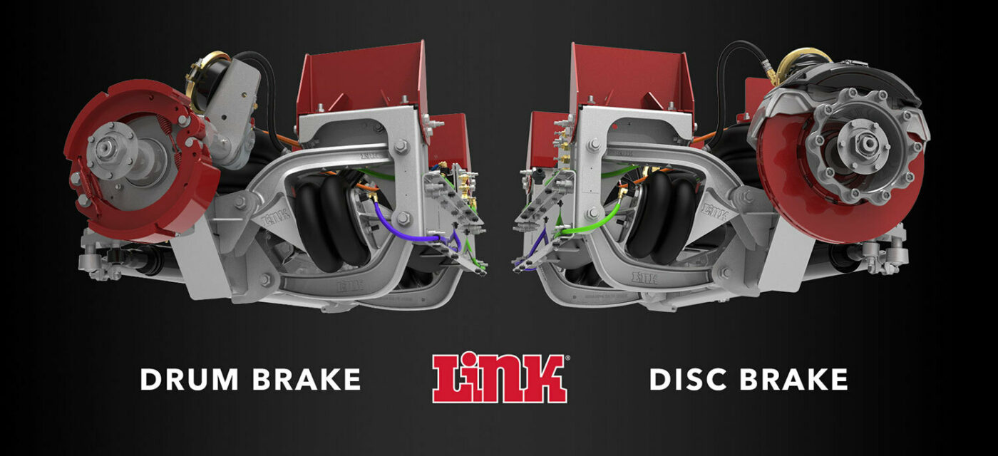 Two renderings of the link 13.5k self-steer lift axle featuring the drum brake and disk brake