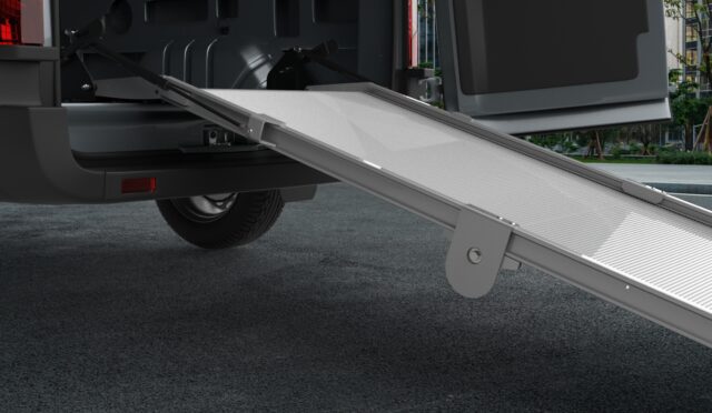 LB20 loading ramp extended out of Ford Transit displaying bumper clearance
