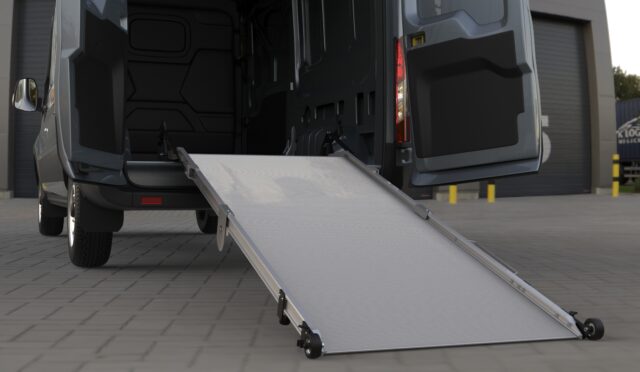 LB20 loading ramp extended out of Ford Transit displaying low profile