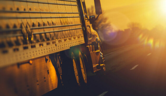 A photo of a semi truck hauling a trailer passing on the left in golden lighting